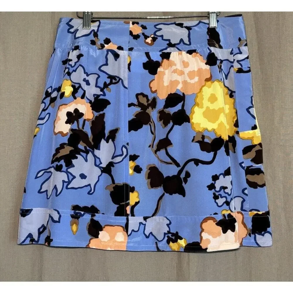 Missoni Italy Valentino Y2K Vintage Blue Floral Print Silk Mini Skirt Waist 30”